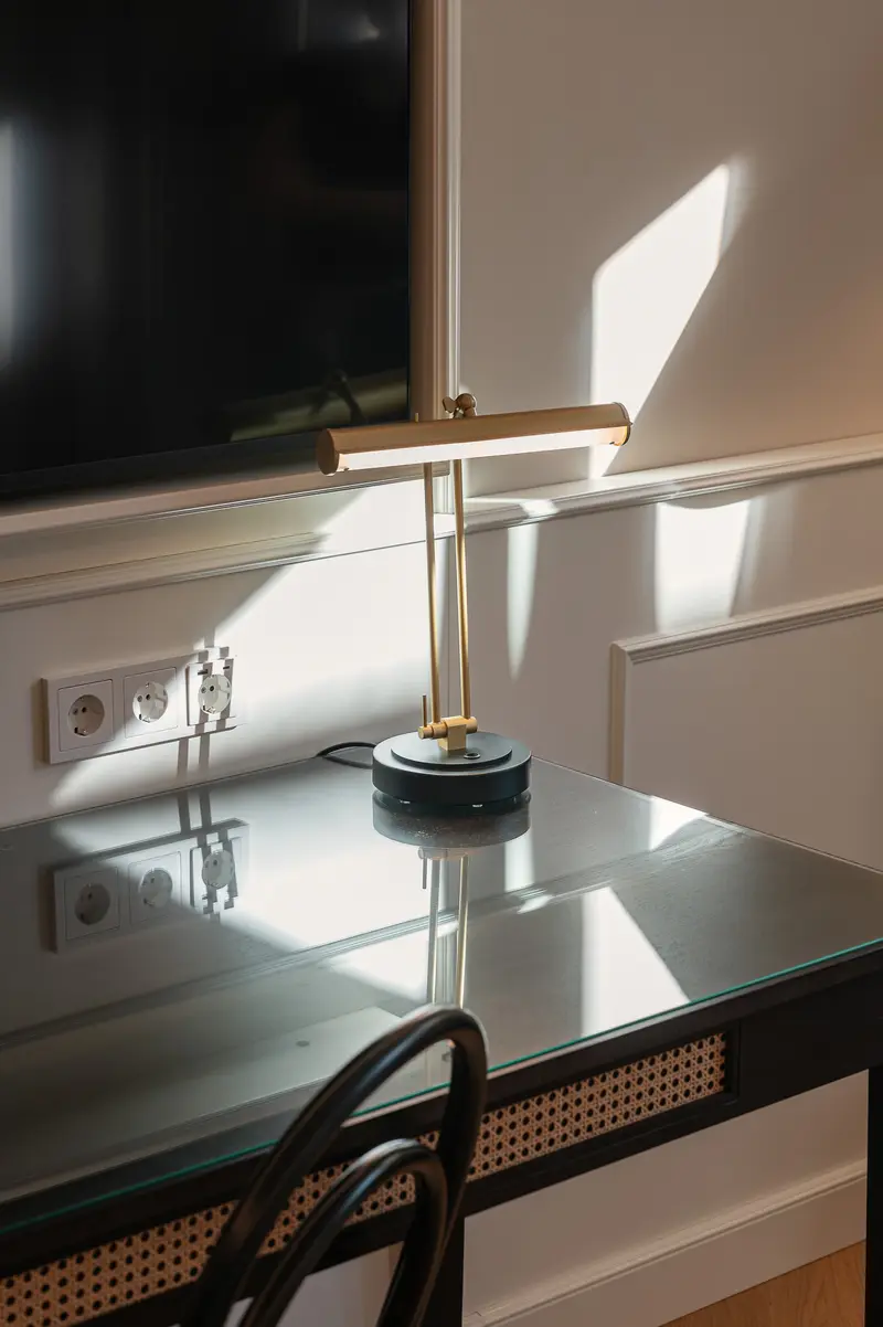 Modern desk lamp casting sunlight across white workspace with electrical outlets