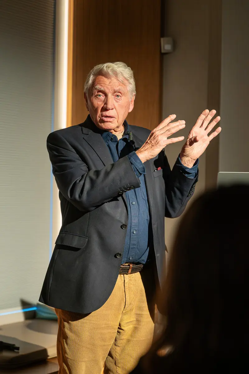 Sir Don McCullin Gestures During Evening Talk at Leica Gallery Vienna