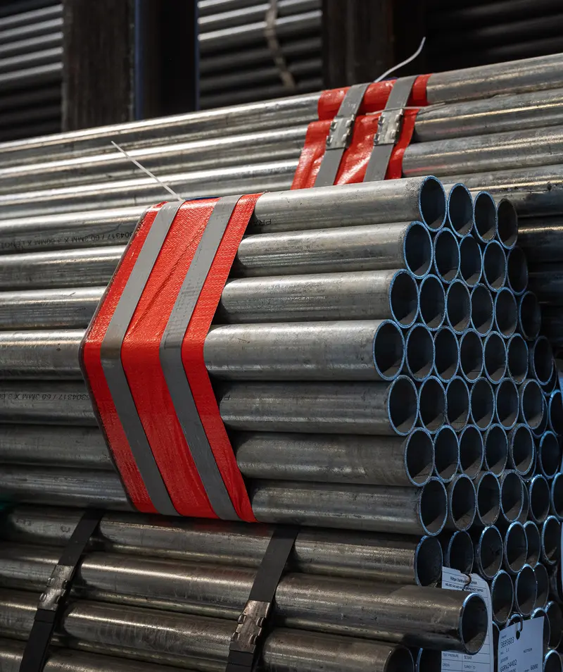 Bundled galvanised steel pipes secured with red reflective strapping at Frankstahl