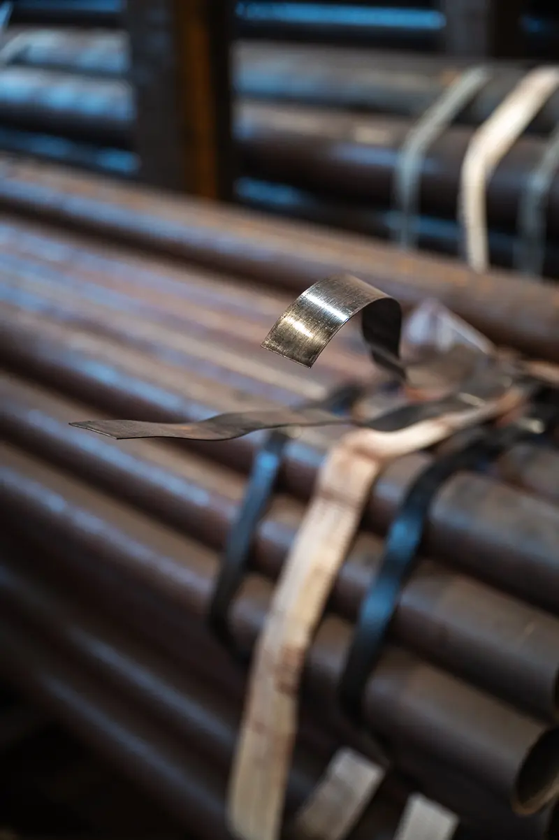 Steel pipes bundled with metal strapping at Frankstahl Guntramsdorf warehouse