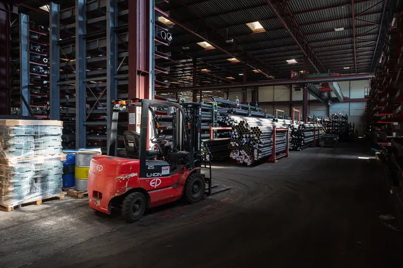 Red Forklift in the Steel Pipe Storage Hall at Frankstahl Guntramsdorf