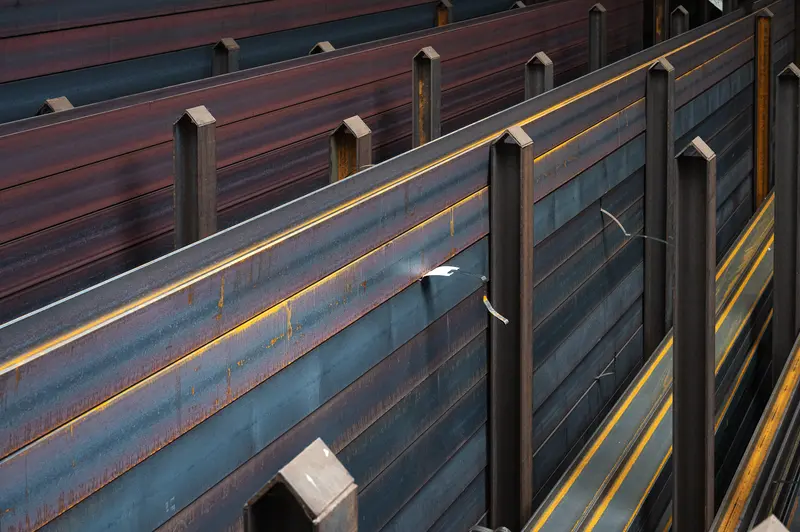 Steel I-beams stacked in rows at Frankstahl Guntramsdorf warehouse