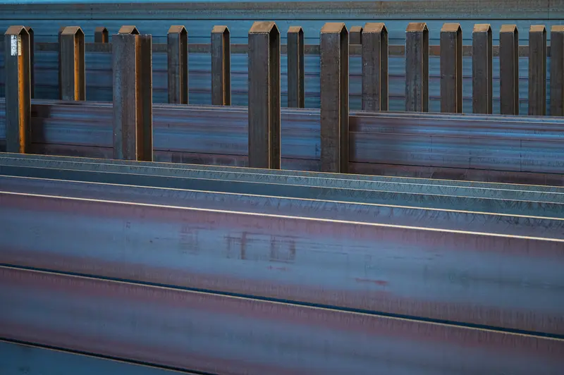 Steel sheet piles stacked in rows at Frankstahl Guntramsdorf yard