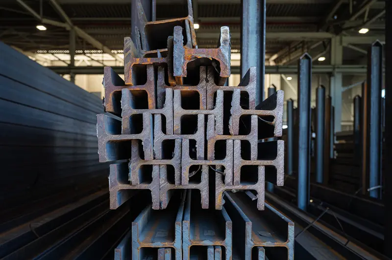 Stacked Steel I-Beams Seen End-On at Frankstahl Guntramsdorf Warehouse