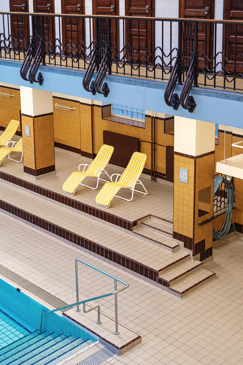 Amalienbad Main Pool Deck with Art Deco Tilework and Loungers