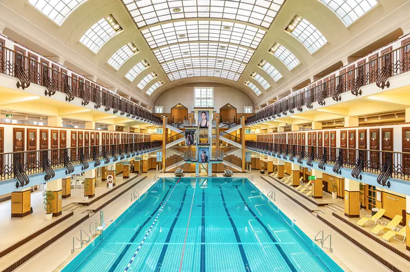 Amalienbad Main Pool Hall with Art Deco Galleries and Exhibition Prints