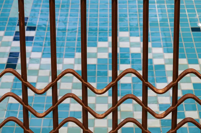 Art Deco Iron Railing and Turquoise Pool Tilework, Amalienbad Vienna