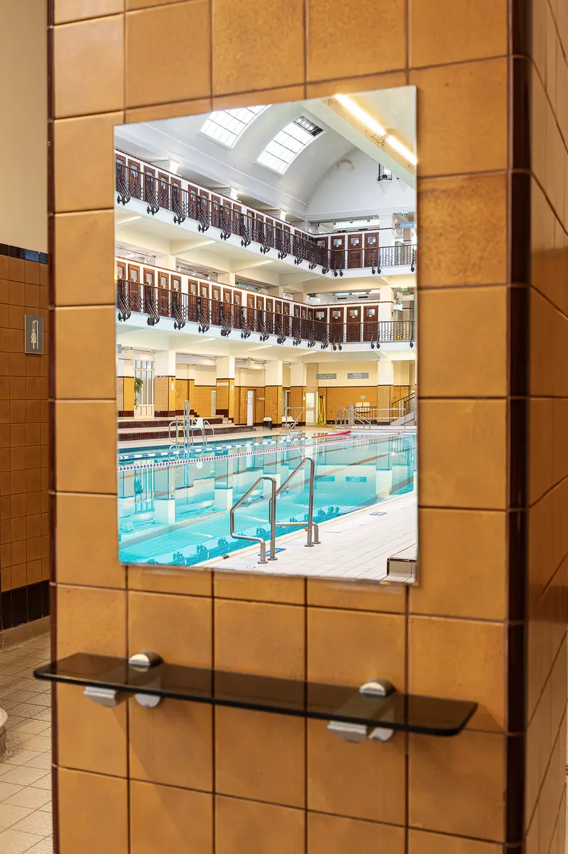 Exhibition Print Showing Amalienbad Main Pool Hung on Tiled Wall