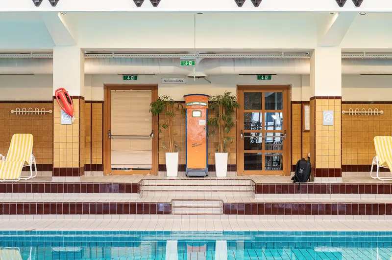 Amalienbad Pool Deck with Art Deco Tilework and Notausgang Doors