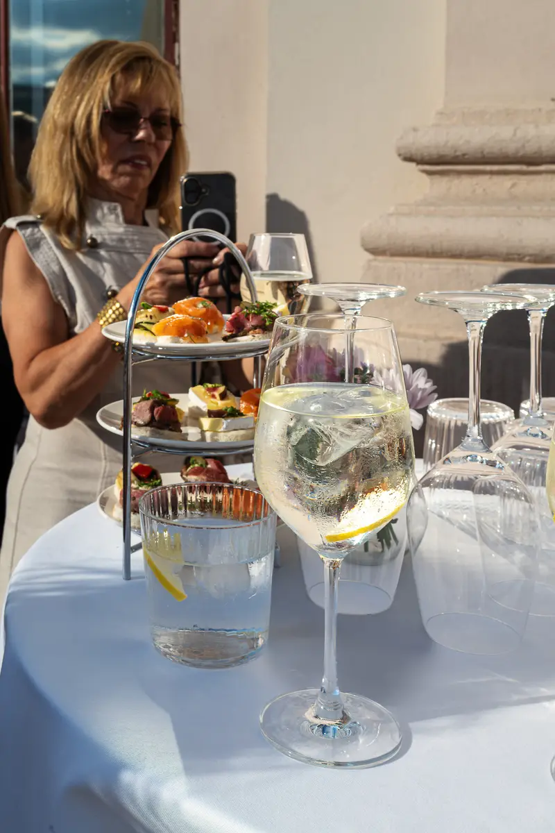 Three-Tier Canapé Stand and Spritz at Outdoor Reception Table