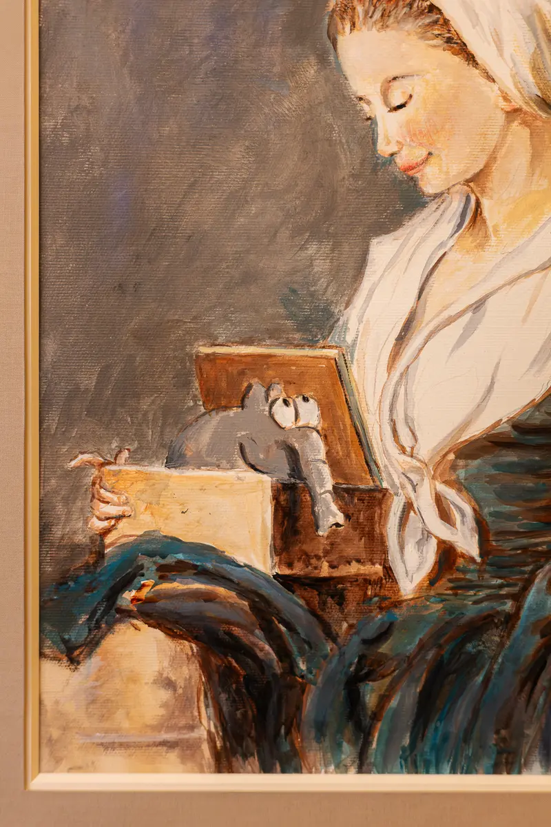 Framed Oil Painting of Woman with Box Displayed in Gallery