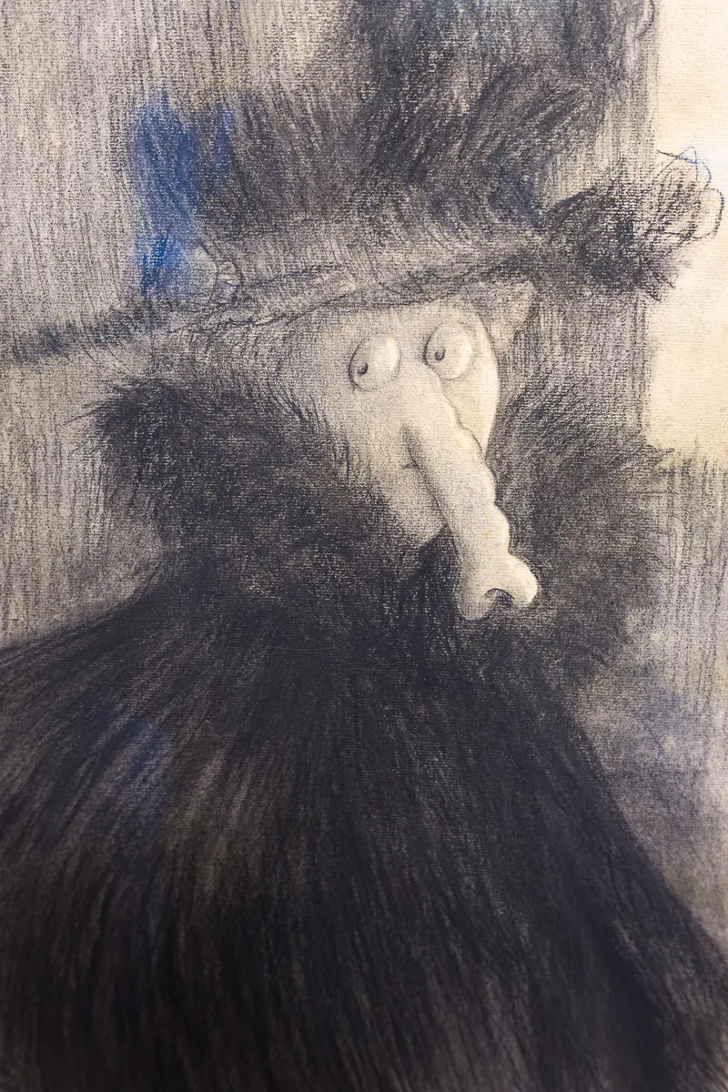 Grotesque Charcoal Character Study with Hat and Feather Detail