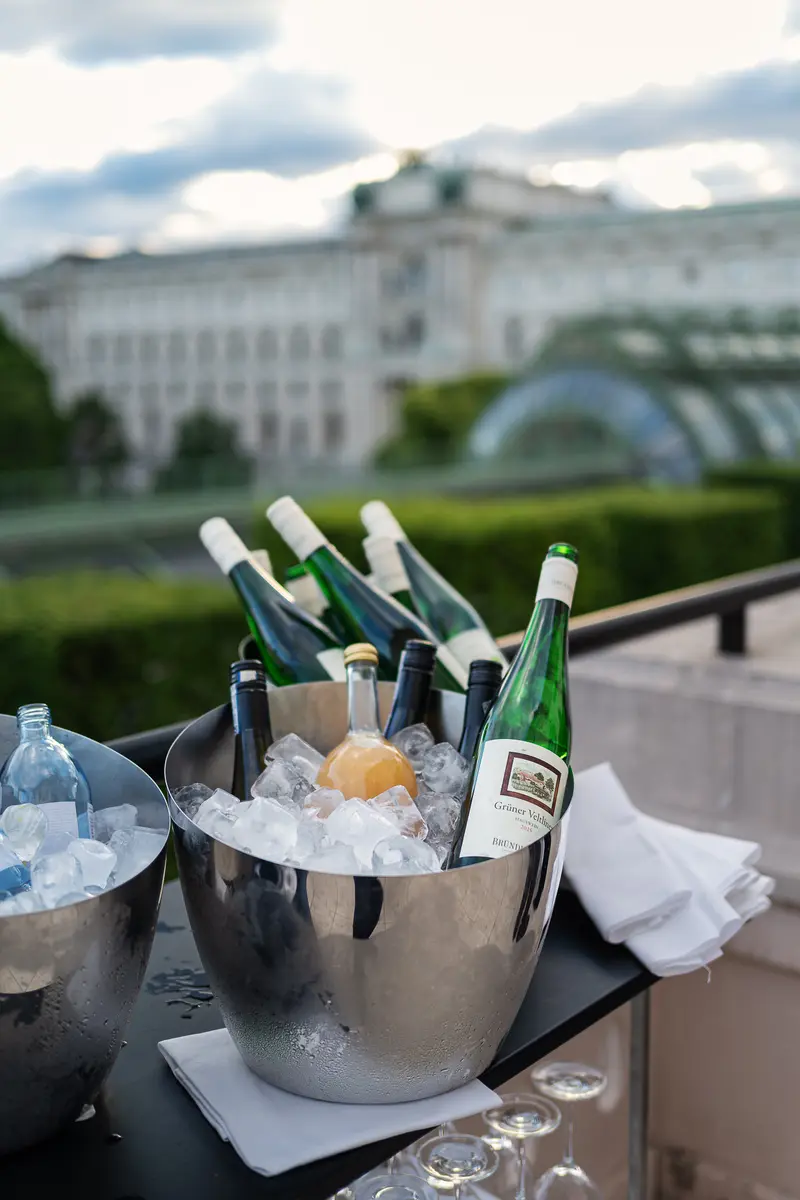Wine and Water Bottles on Ice at Outdoor Reception, Vienna Volksgarten