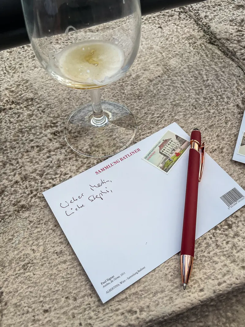 Sammlung Batliner Postcard and Wine Glass on Stone Surface