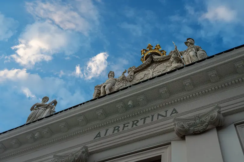 Albertina Modern Facade with Neoclassical Sculptures and Golden Crown, Vienna