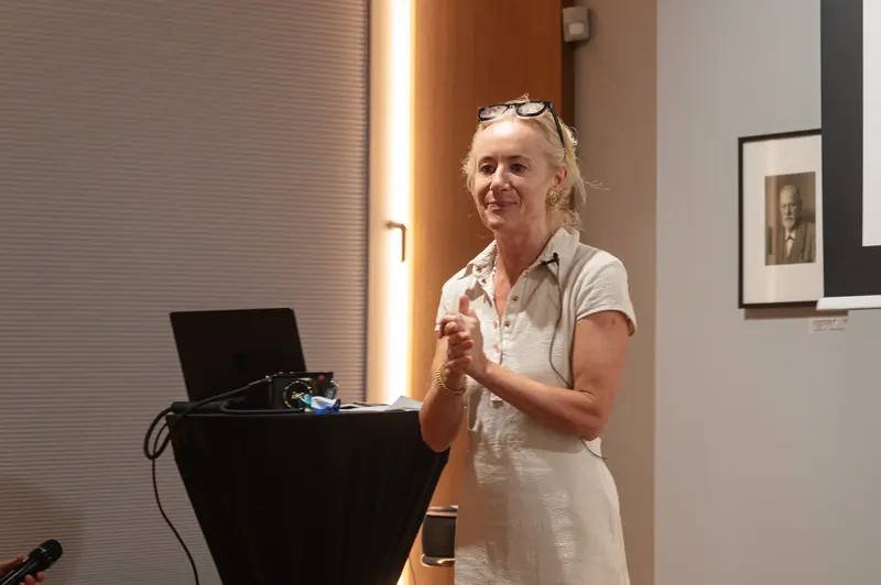 Cig Harvey Speaking Beside Laptop Lectern at Leica Gallery Vienna, Sep 29th, 2026