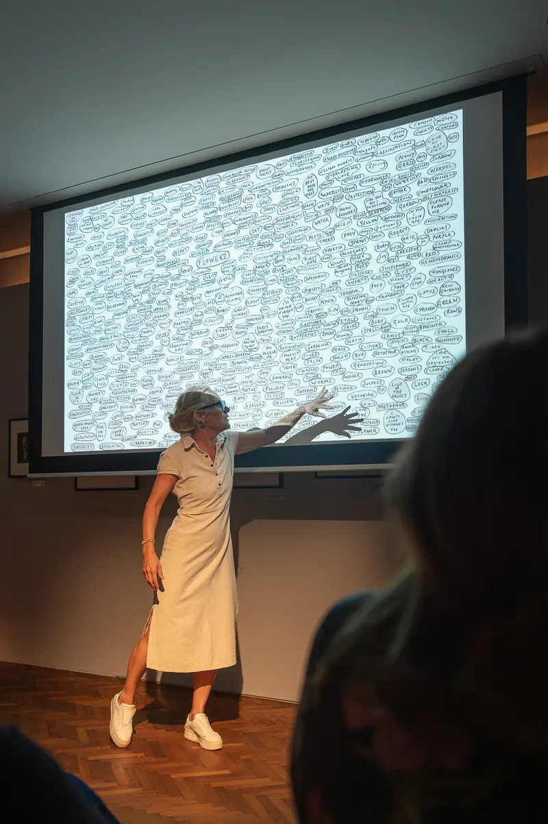 Cig Harvey Points to Hand-Drawn Word Map During Talk at Leica Gallery Vienna, Sep 29th, 2026