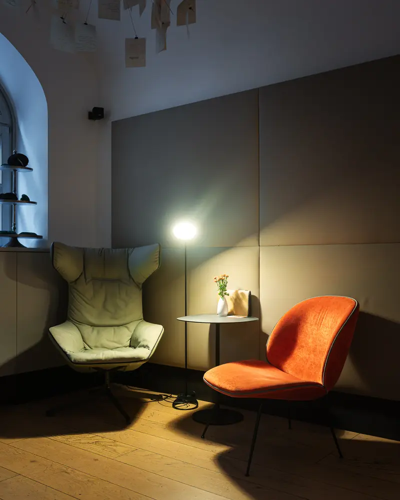 Lounge Seating Corner with Orange Velvet Chair at Hotel Das Tigra, Vienna