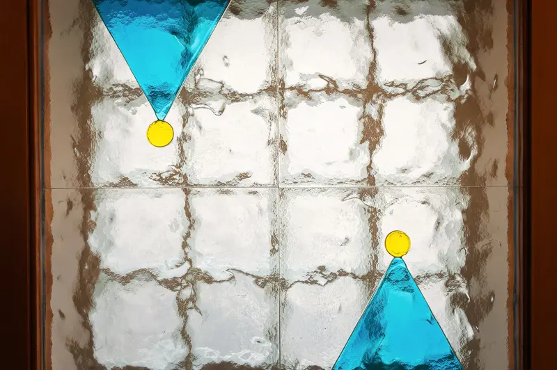 Stained-glass window detail with turquoise triangles at Hotel Das Tigra, Vienna