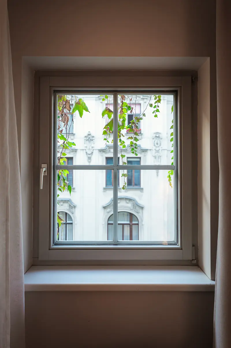 Guest room window at Hotel Das Tigra, Vienna, overlooking Tiefer Graben facade