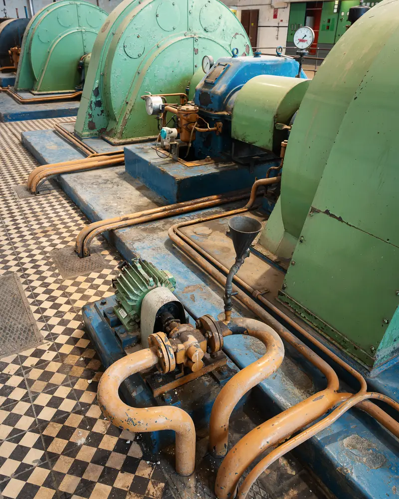 Green Turbine Housings and Ochre Pipework in the Glanzstoff St. Pölten Machine Hall