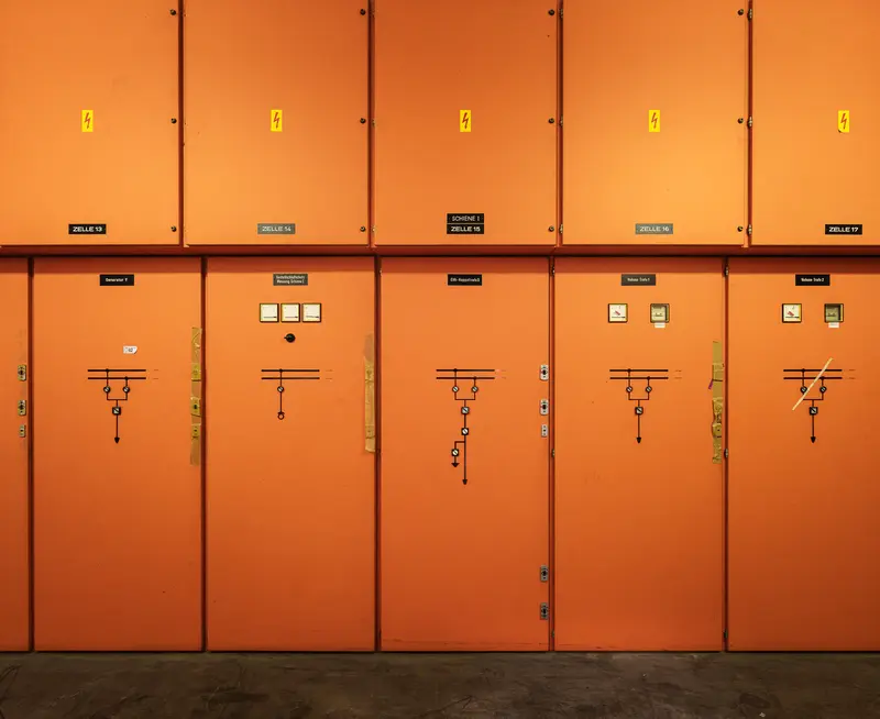 Orange high-voltage switchgear cabinets, Glanzstoff St. Pölten Open House 2026