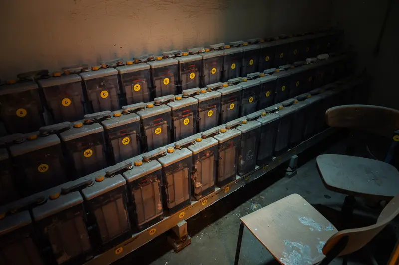 Numbered Lead-Acid Battery Bank in Glanzstoff St. Pölten Cellar, Open House 2026