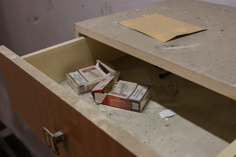 Abandoned Chesterfield cigarette packs in office drawer, Glanzstoff St. Pölten