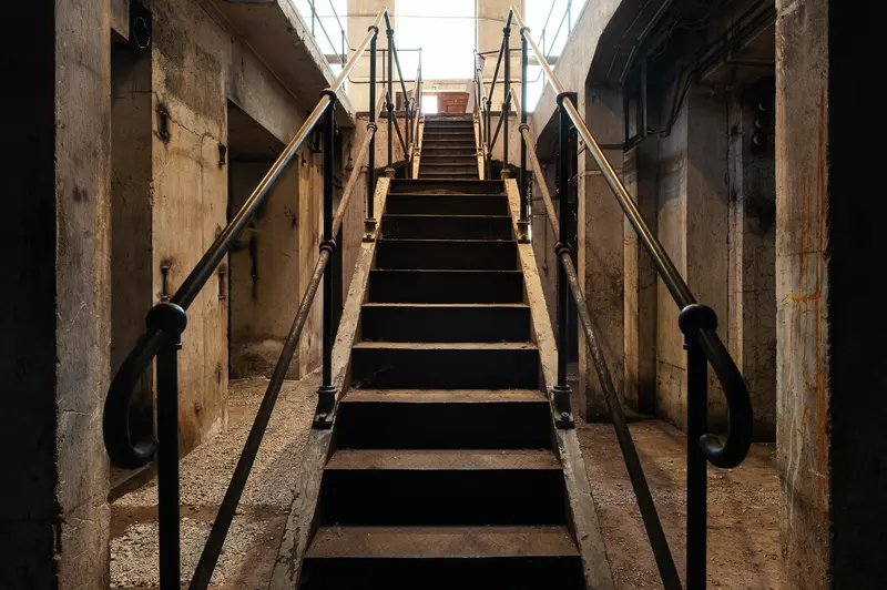 Steel-railed industrial staircase inside Glanzstoff factory, Open House 2026, St. Pölten