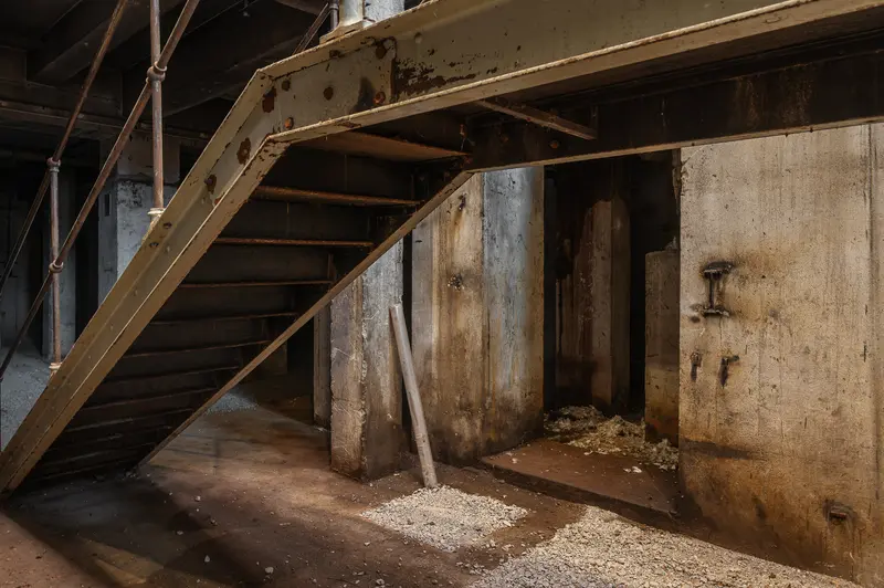 Riveted steel staircase and concrete columns inside Glanzstoff factory, Open House 2026