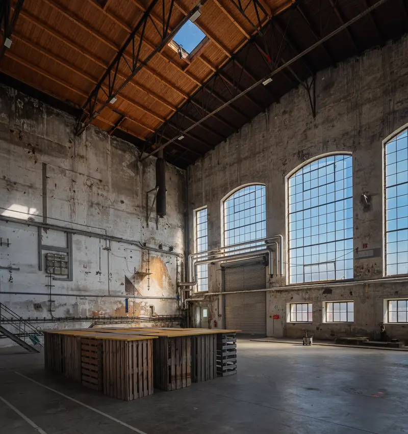 Empty Glanzstoff Factory Hall with Arched Steel Windows, Open House 2026, St. Pölten