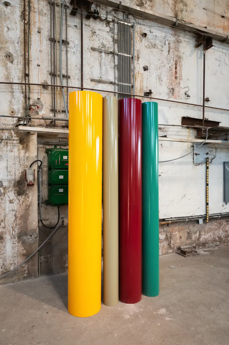 Yellow, Beige, Red and Green Lacquered Columns in Glanzstoff Factory Hall, St. Pölten