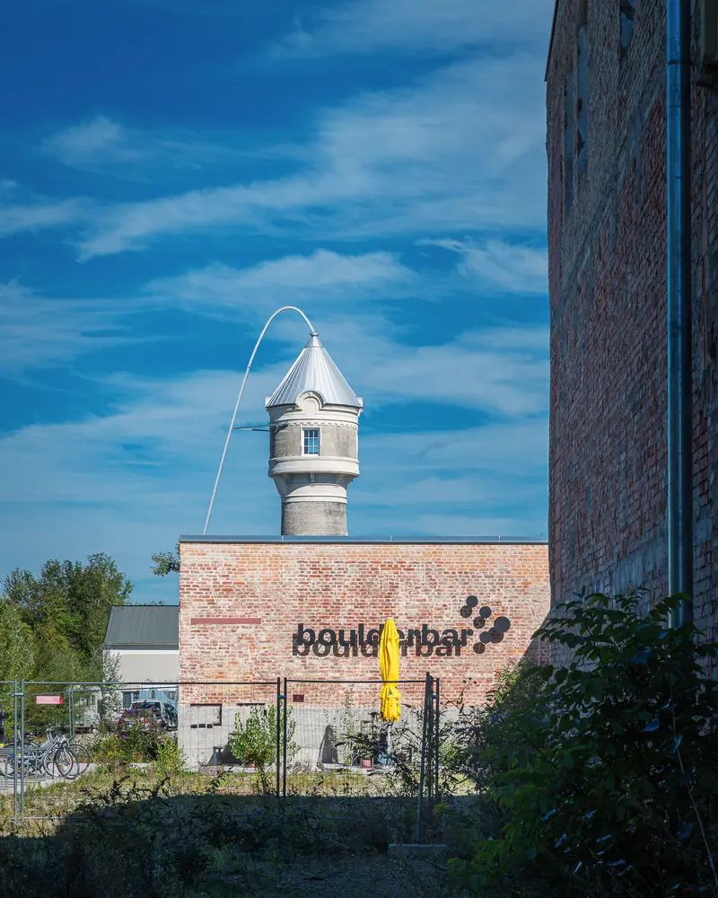 Boulderbar climbing gym and historic water tower at Glanzstoff St. Pölten, Open House 2026