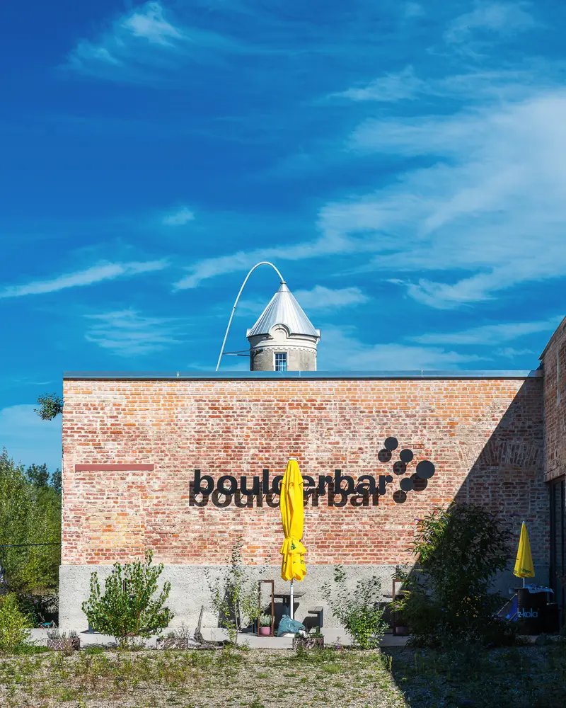 Boulderbar signage on restored brick hall at Glanzstoff St. Pölten, Open House 2026