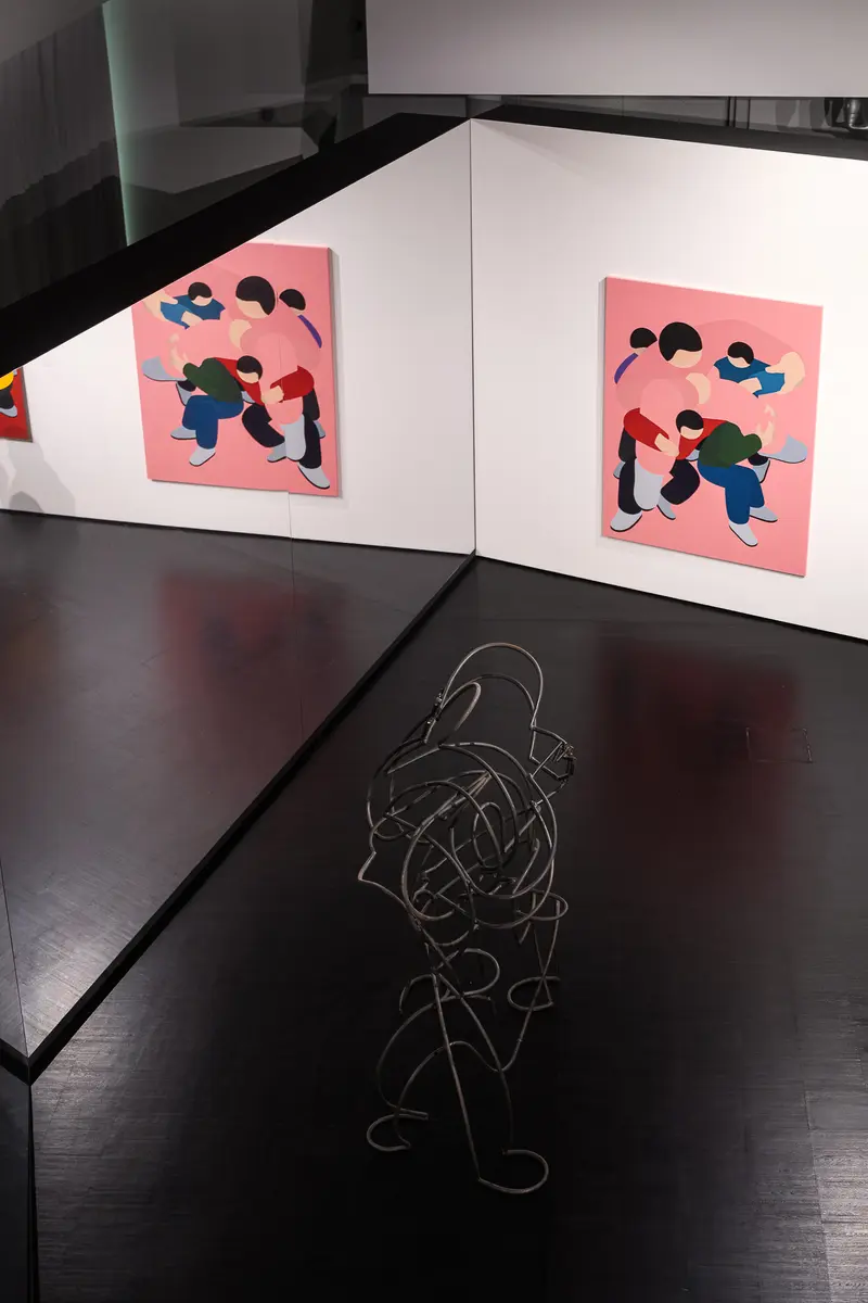 Marko Sajn pink painting and bent-metal sculpture at "Becoming One", Strabag Art Site