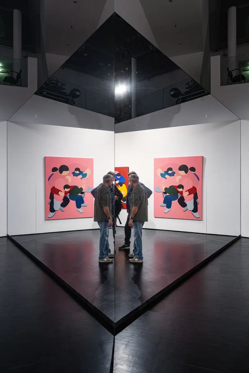 Visitors Mirrored Beside Marko Sajn Painting at Becoming One Opening, Strabag Art Site