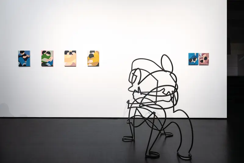 Marko Sajn "Becoming One" Installation View with Steel Line Sculpture and Six Paintings at Strabag Art Site