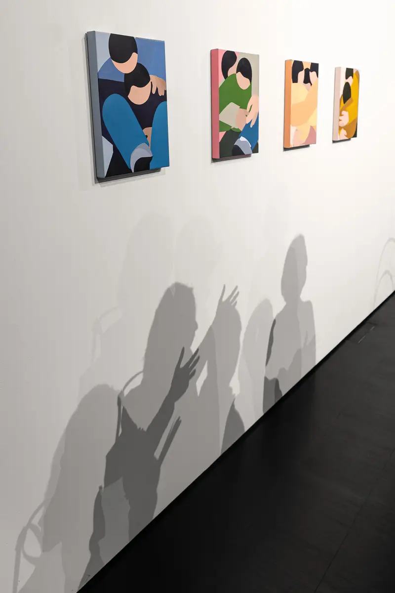 Visitor Shadows Beneath Marko Sajn Paintings at Strabag Art Site Opening